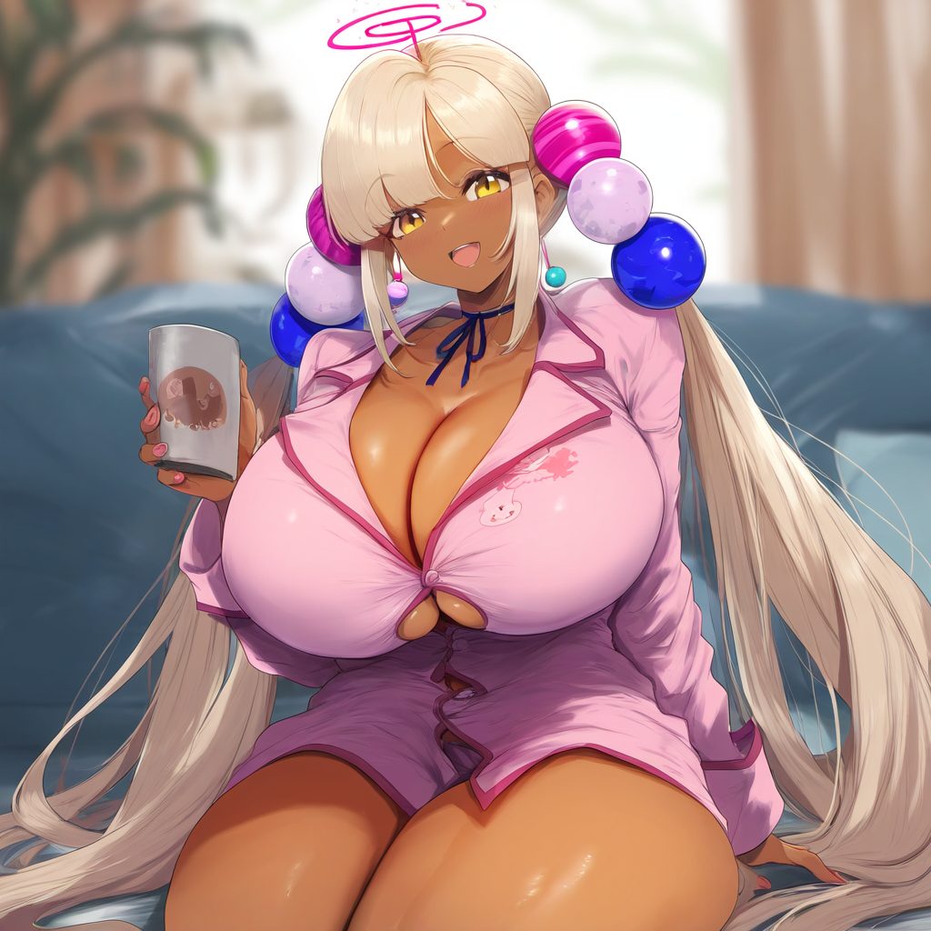 ai_generated ameanon big_breasts blonde_hair breasts brown_skin button_gap cleavage dark-skinned_female dark_skin hololive hololive_english hololive_english_-council- huge_breasts large_breasts pajamas thick_thighs tsukumo_sana underboob virtual_youtuber vtuber yellow_eyes