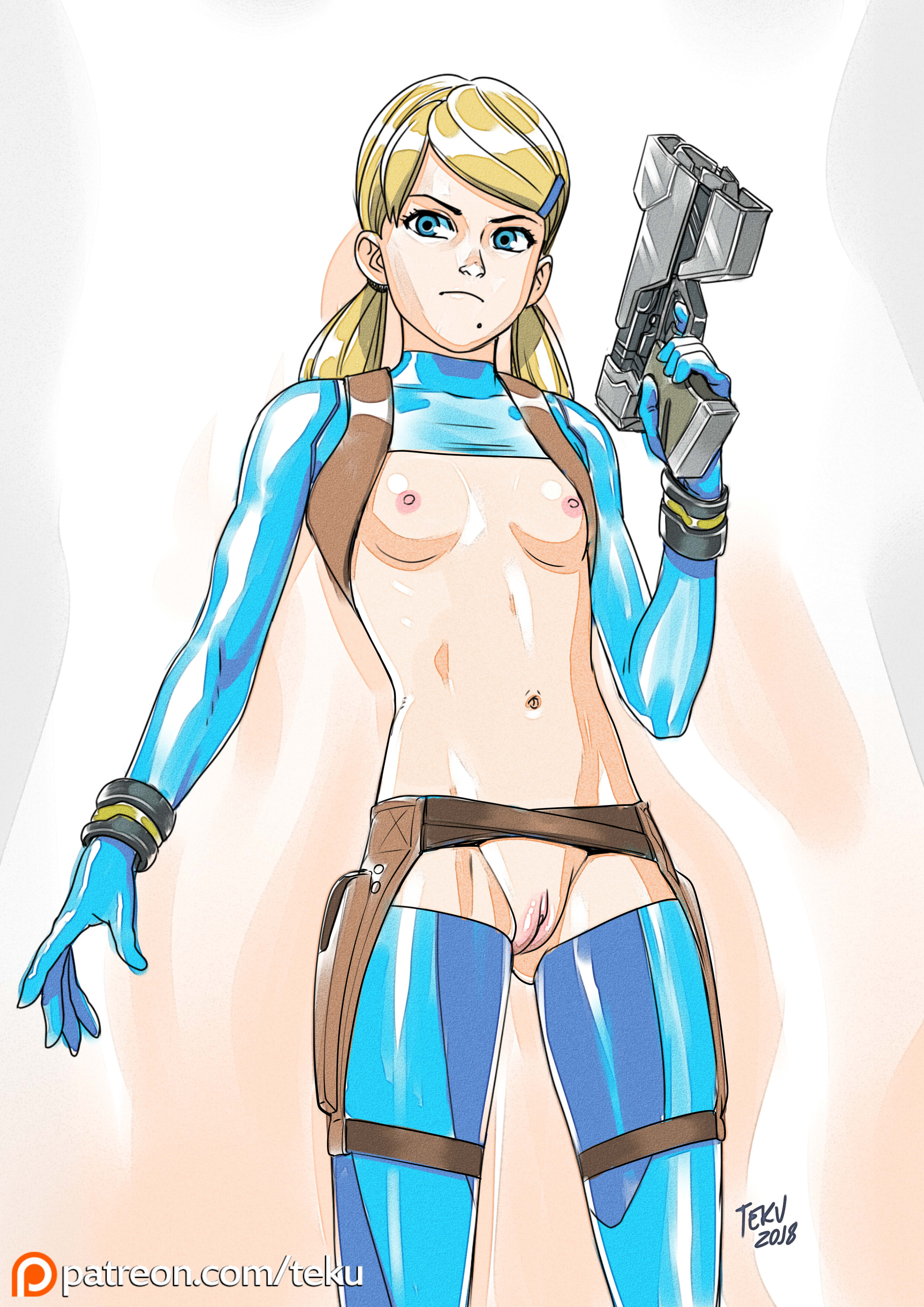 1girls, 2018, adapted costume, alternate hairstyle, areolae, blonde hair, blue eyes, breasts, casual exposure, clitoris, female, finger on trigger, functionally nude, gun, metroid, mole, mole under mouth, navel, nintendo, nipples, patreon, petite, pussy, revealing clothes, reverse outfit, samus aran, slim, small breasts, solo, teenager, tekuho, twintails, uncensored, weapon, web address, zero suit