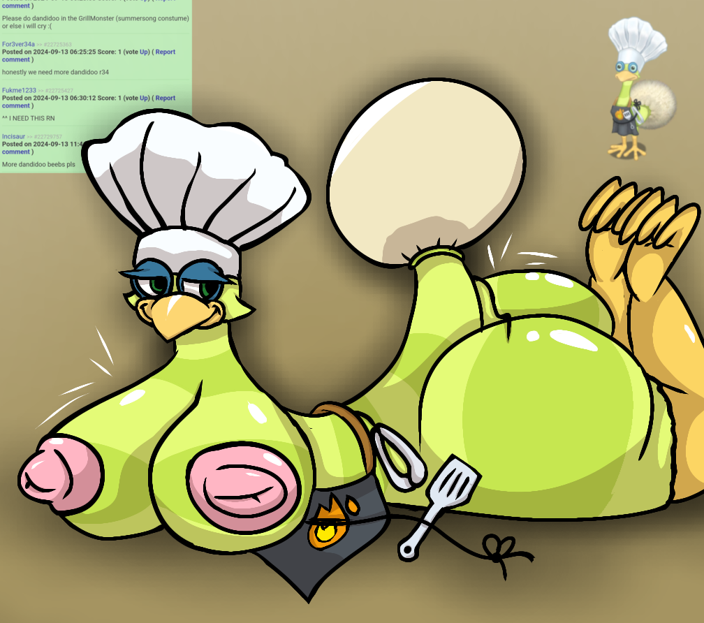 apron beak big_nipples bird breasts chef_hat clenched_toes dandidoo fat_ass female huge_ass huge_breasts looking_at_ass my_singing_monsters smiling torn_clothes