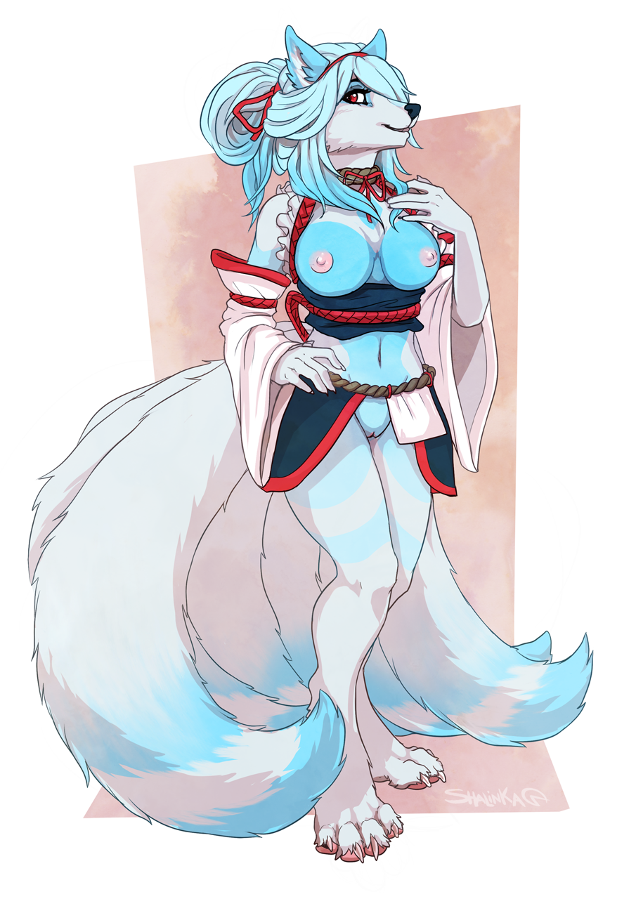 2018 4_toes 5_fingers anthro barefoot blue_hair blue_nose breasts canine clothed clothing digital_media_(artwork) female fox hair mammal midriff navel nipples red_eyes shalinka smile solo toes