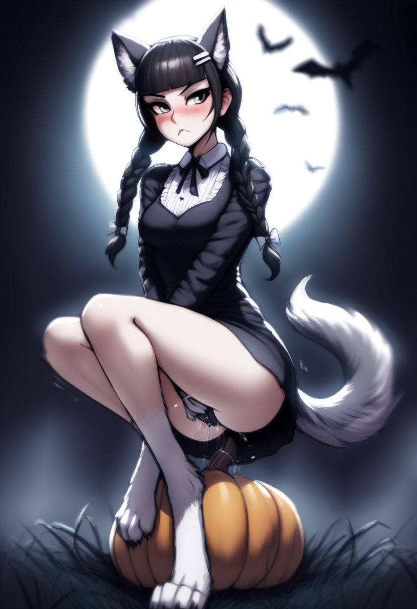 ai_generated bats black_hair blush canine_pussy cookie-girl digitigrade dress foggy_background frowning looking_at_viewer masturbation moon moonlight paws pumpkin silver_eyes simple_background the_addams_family uniform upskirt wednesday_addams white_fur white_hair_ornament wolf_ears wolf_girl wolf_tail