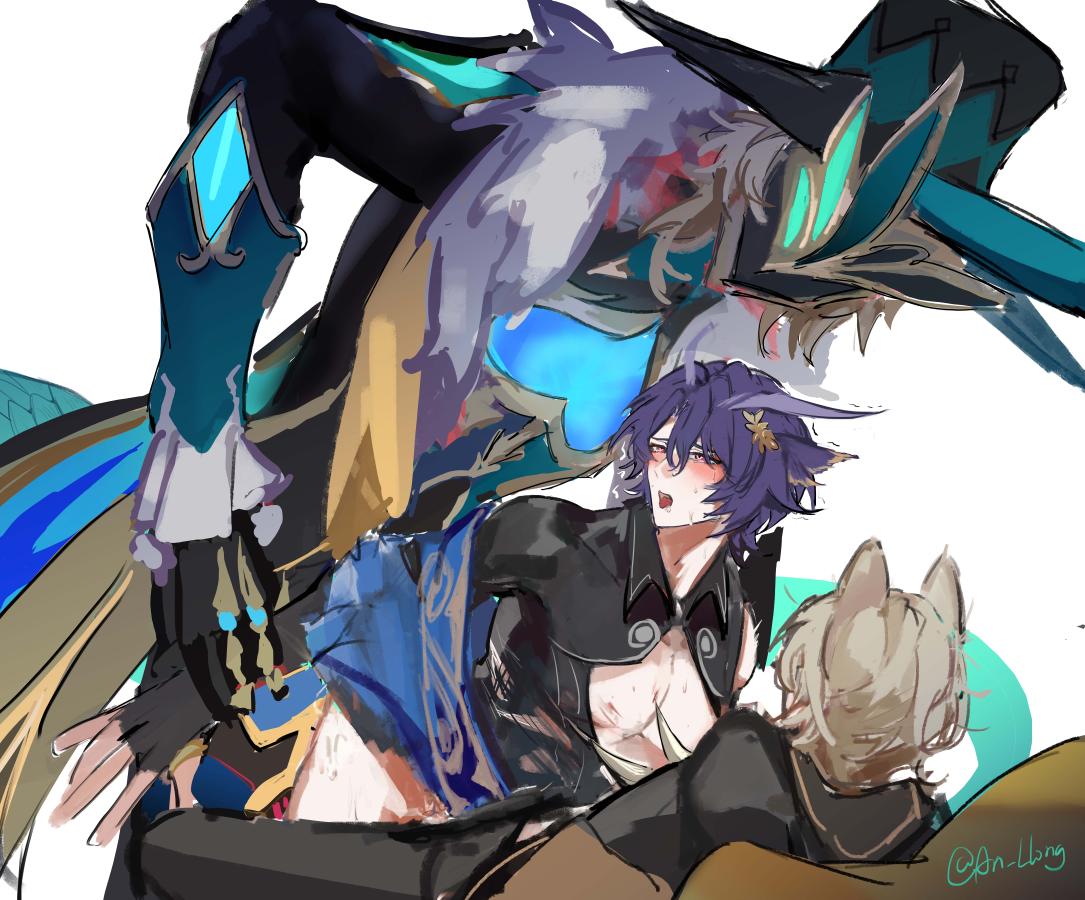 3boys, arm grab, aventurine (honkai: star rail), aventurine of stratagems (honkai: star rail), blonde hair, boss monster, cat boy, cat ears, catboy, coat, dr. ratio (honkai: star rail), dual persona, gay, gloves, grabbing, hat, honkai (series), honkai: star rail, male, male focus, male only, male/male, mask, monster, threesome, yaoi