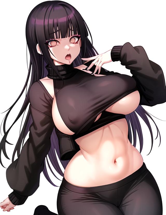 ai_generated bangs big_breasts big_thighs dark_hair drooling huge_breasts hyuuga_hinata long_hair low_waisted_pants naruto naruto_(series) naruto_shippuden ninja_clothes nipples slutty_clothing slutty_outfit straight_hair sweater sweater_up turtleneck turtleneck_sweater underboob underboob_sweater visible_underwear wide_hips zarazin