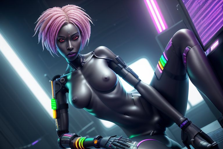 ai_generated breasts cybernetic_arm cybernetic_limb cybernetics cyberpunk cyberpunk_2077 neon_lights vagina