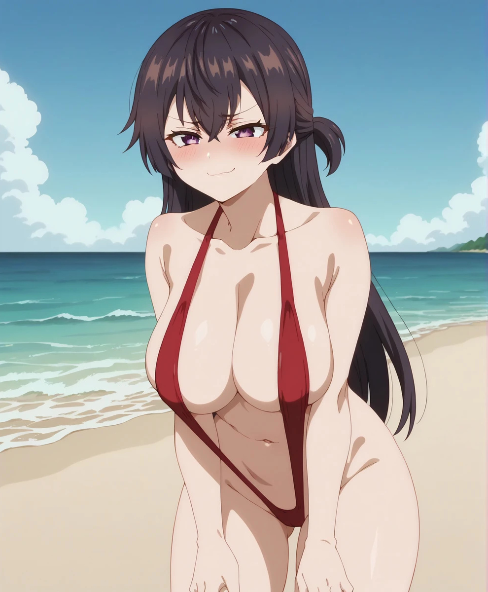 ai generated, asian, asian female, bare legs, beach, big breasts, black hair, blush, breasts, female, huge breasts, huge thighs, large breasts, light skin, light-skinned female, long hair, looking at viewer, purple eyes, sling bikini, slingshot swimsuit, smiling, solo female, squatting, subaruarm, suou yuki, sweat, sweatdrop, thick thighs, thighs, tokidoki bosotto russian de dereru tonari no alya-san, voluptuous, voluptuous female