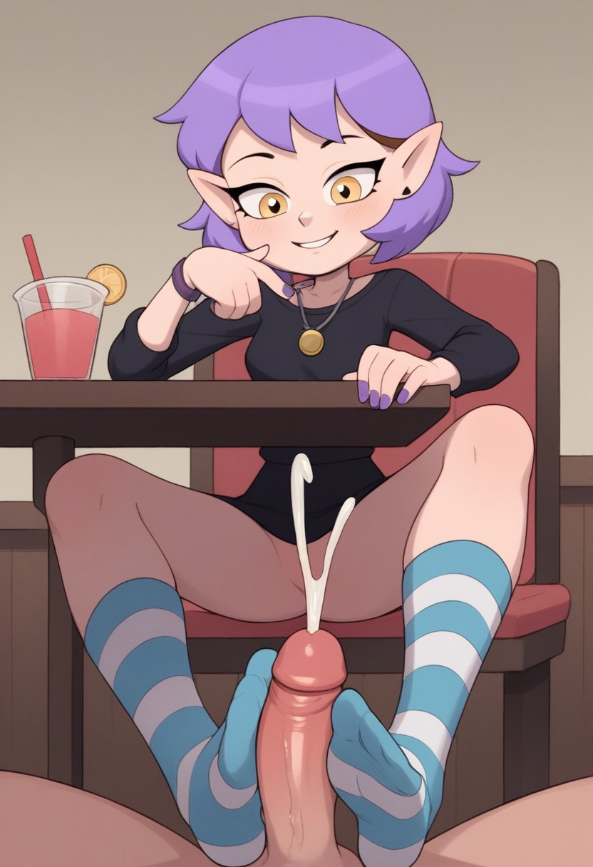 1boy 1girls ai_generated amity_blight cartoon_style cumshot female footjob footjob_with_legwear male penis purple_hair purple_nails resturant socks the_owl_house uncensored