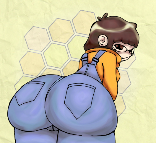 2d big_ass bizabizow brown_eyes brown_hair bubble_butt glasses hexagonal_pattern looking_at_viewer orange_sweater overalls showing_ass smiling_at_viewer yellow_background youtuber