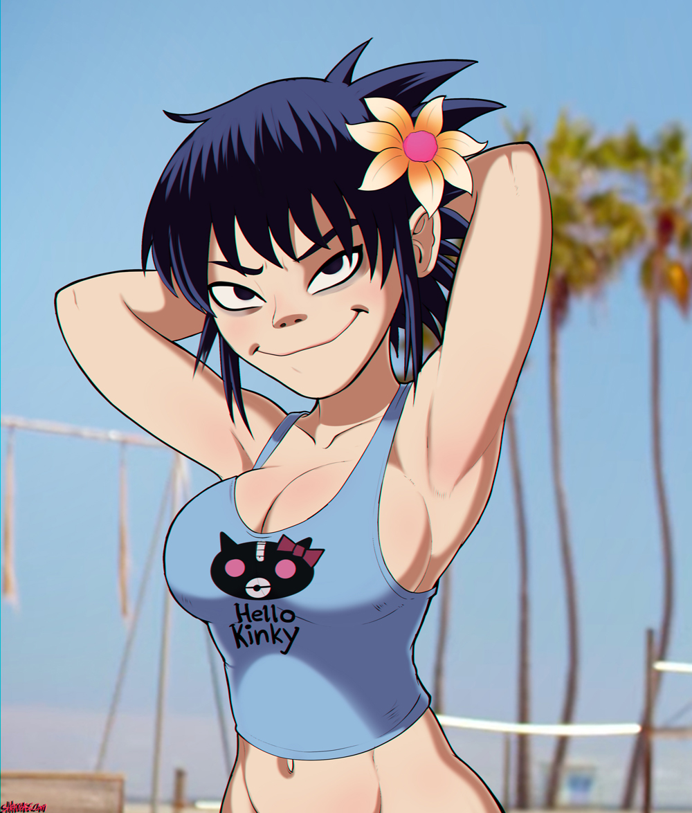 armpits arms_up asian big_breasts breasts cleavage clothed clothing female female_only flower gorillaz hair_flower noodle_(gorillaz) noodle_(humility) outdoors panties public sexy_armpits shadman