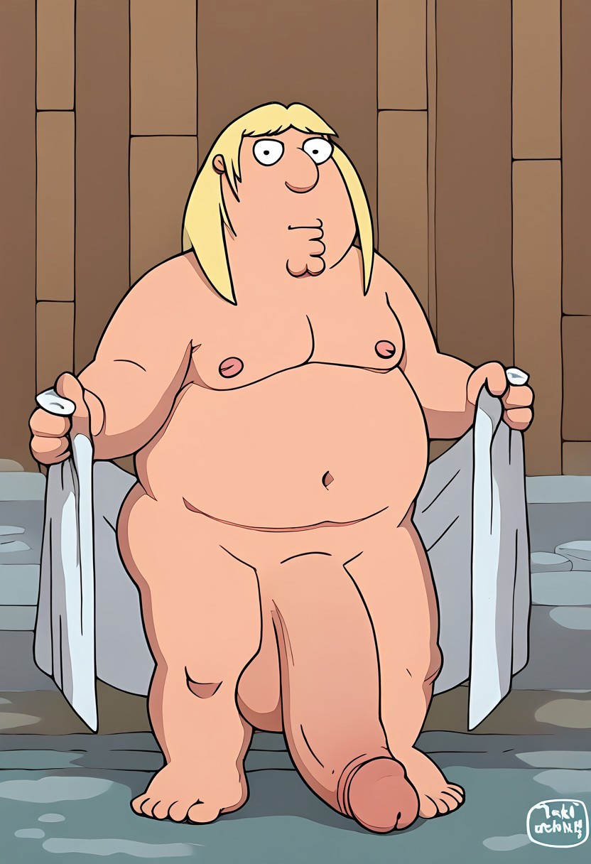 1boy 3_legs ai_generated blonde_hair_male chris_griffin civitai episode_cannon family_guy fat fat_body jossyless_(ai) large_penis sauna towel