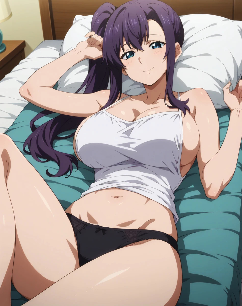 ai_generated amaya_haruko athletic_female bare_legs blue_eyes gigantic_breasts huge_breasts huge_thighs light-skinned_female light_skin looking_at_viewer maken-ki! massive_breasts panties purple_hair side_ponytail smiling solo_female subaruarm tank_top thick_thighs thighs voluptuous voluptuous_female