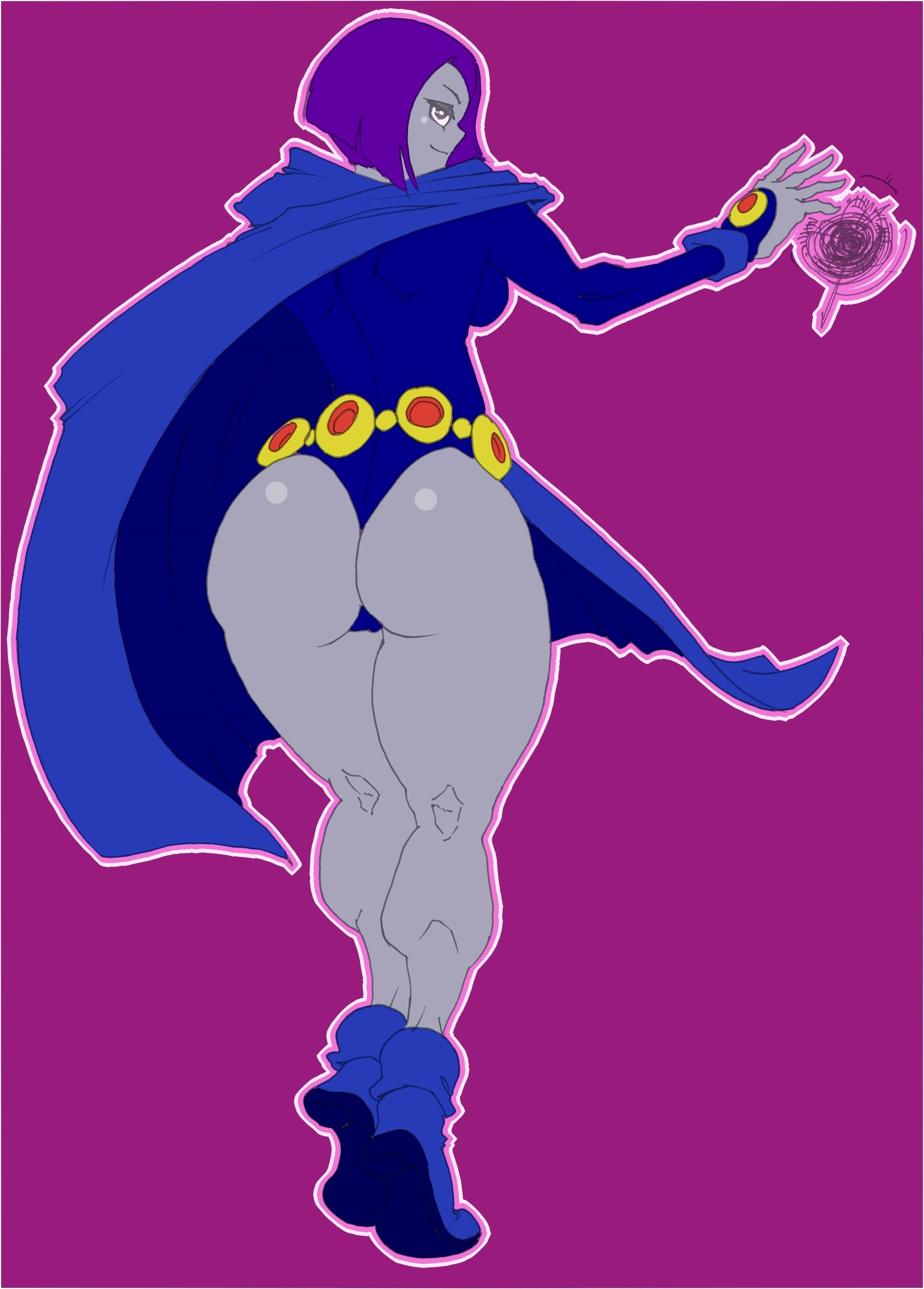 1girls, aged up, ass, ass crack, back view, bare shoulders, big breasts, black eyes, breasts, busty, butt crack, cape, cartoon network, curvy, dc, dc comics, demon, demon girl, female, female only, hourglass figure, human, looking at viewer, looking back, older, pose, posing, rachel roth, raven (dc), shoes, short hair, simple background, solo, standing, superheroine, teen titans, thong, voluptuous, wide hips, zxcv