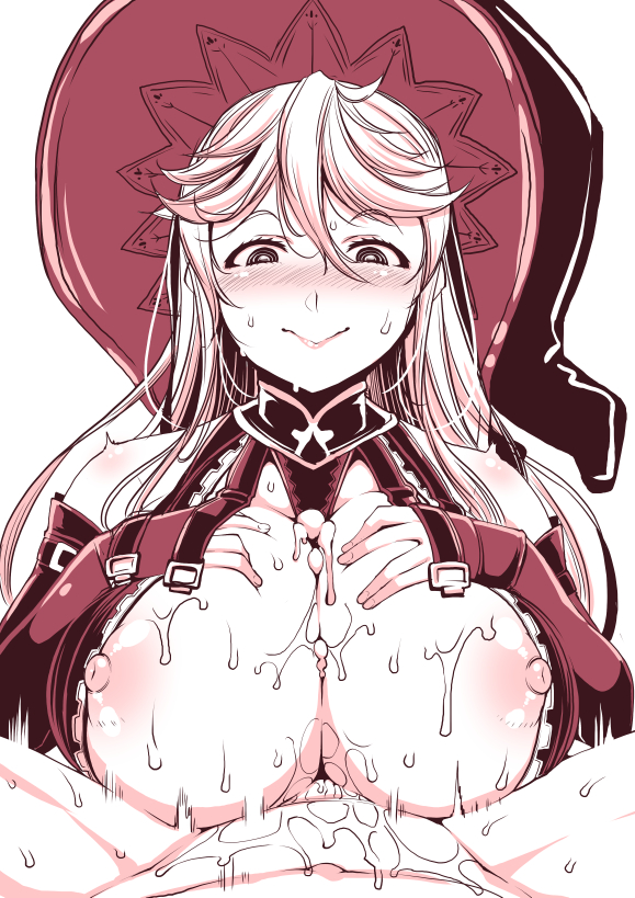 blush breasts collar cum cum_on_body cum_on_breasts cum_on_upper_body detached_sleeves female granblue_fantasy greyscale hat large_breasts long_hair magisa_(granblue_fantasy) monochrome nipples paizuri satsuki_imonet smile solo_focus sweat witch_hat