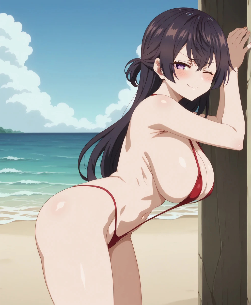 ai generated, asian, asian female, ass, bare legs, beach, big ass, big breasts, big butt, black hair, blush, breasts, female, huge breasts, huge thighs, large breasts, light skin, light-skinned female, long hair, looking at viewer, one eye closed, purple eyes, sling bikini, slingshot swimsuit, smiling, solo female, squatting, subaruarm, suou yuki, sweat, sweatdrop, thick thighs, thighs, tokidoki bosotto russian de dereru tonari no alya-san, voluptuous, voluptuous female