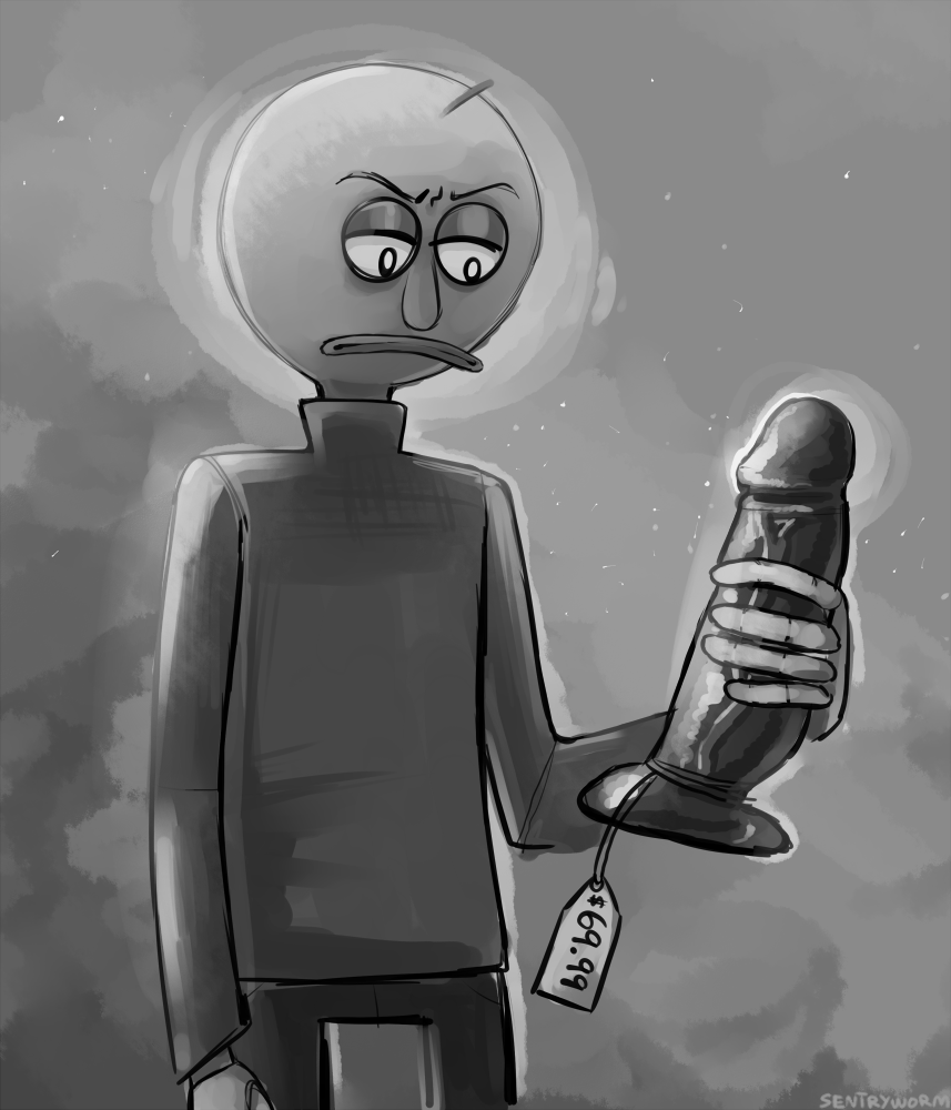 1boy bald baldi baldi's_basics_in_education_and_learning baldis_basics big_dildo big_head black_and_white dildo disappointed dissappointed_look holding holding_dildo looking_at_dildo male_only price sex_toy teacher toony unknown_artist video_game what