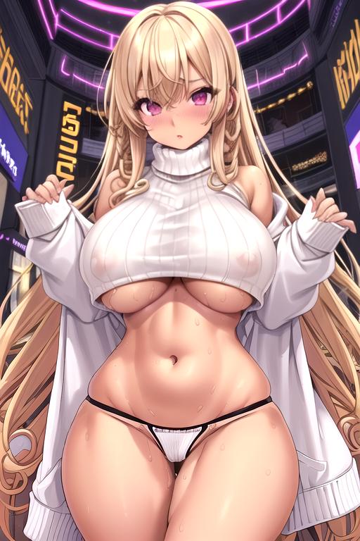 ai_generated bangs big_breasts big_breasts big_thighs blonde_hair cardigan gyaru hand_on_hip huge_breasts long_hair pink_eyes sleeveless_sweater slutty_clothing slutty_outfit sweat sweater thong turtleneck turtleneck_sweater underboob underboob_sweater wide_hips zarazin