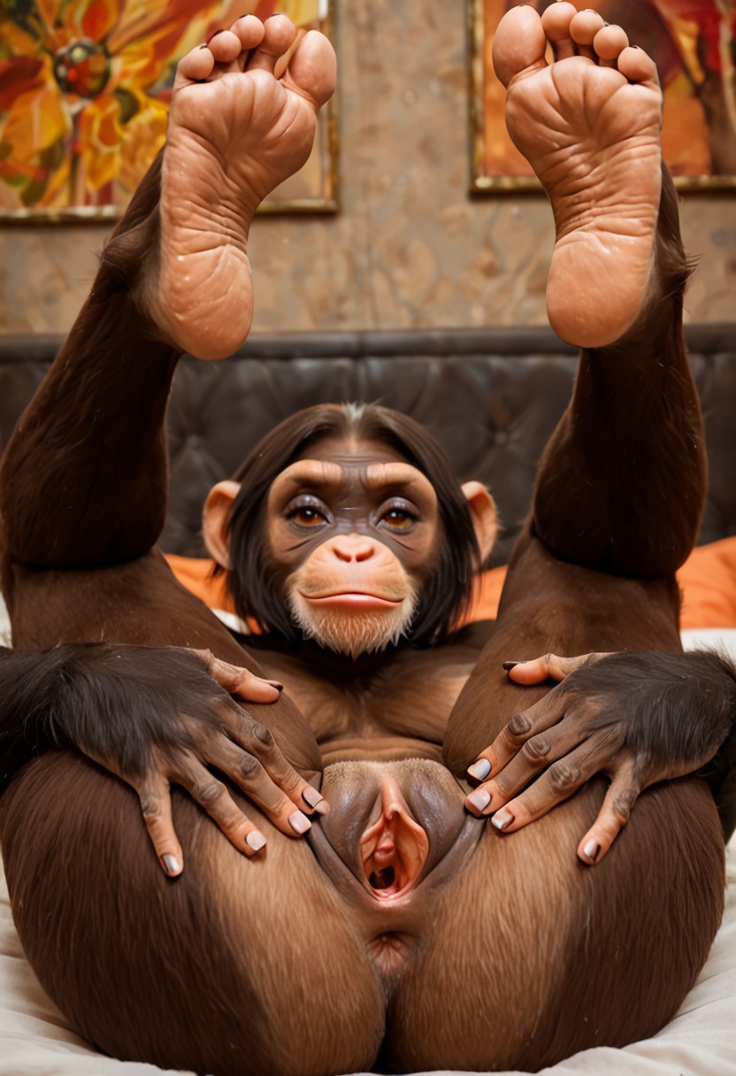 2024 ai_generated anthro anus ape ass breasts carnivalecloudmuncher chimpanzee clitoris feet female female_only front_view fuckgirl fur furry haplorhine hi_res hyperrealistic indoors legs_up looking_at_viewer lying lying_on_back mammal monkey nipples nude on_back on_bed photorealism photorealistic primate pussy pussy_hole realism realistic self_upload smile soles solo spread_legs spread_pussy spreading tagme urethra vagina