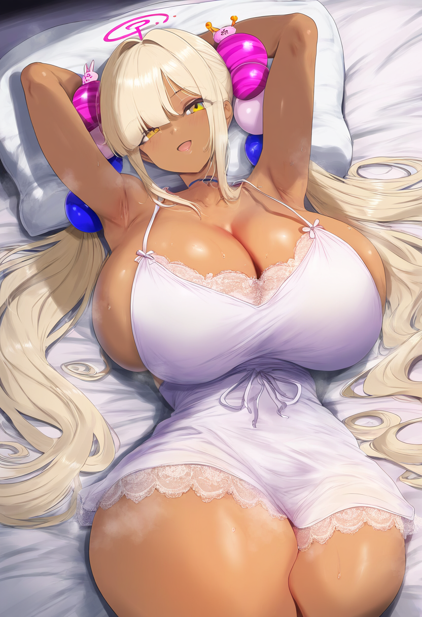 ai_generated ameanon armpits arms_up big_breasts blonde_hair breasts brown_skin cleavage dark-skinned_female dark_skin hololive hololive_english hololive_english_-council- huge_breasts large_breasts negligee nightgown on_back on_bed sideboob thick_thighs tsukumo_sana virtual_youtuber vtuber yellow_eyes