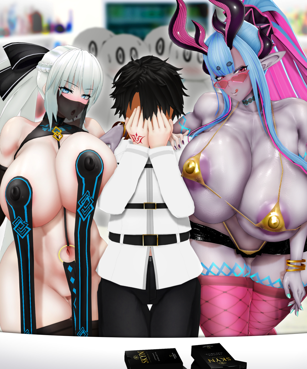 1boy 2girls 3d background_characters black_hair blue_hair breast_curtains condom crowd fate/grand_order fate_(series) fishnets fujimaru_ritsuka_(male) grey-skinned_female grey_body grey_skin hiding_face ibuki_douji_(fate) ibuki_douji_(swimsuit_berserker)_(fate) light-skinned_female light-skinned_male light_skin male_silhouette micro_bikini morgan_le_fay_(fate) negakura_imu pelvic_curtain pov revealing_clothes silhouettes skimpy_clothes slave_outfit tagme veil white_hair