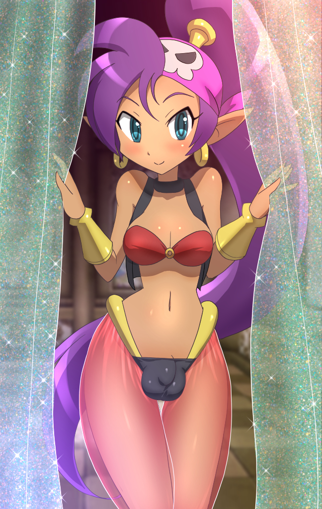 1futa balls_in_panties bandana breasts bulge cleavage dark-skinned_futanari dark_skin dickgirl flaccid futa_only futanari genie hoop_earrings hourglass_figure intersex liza_(artist) panties panty_bulge penis_in_panties pirate pointy_ears shantae shantae_(character) sirwal smooth_skin solo