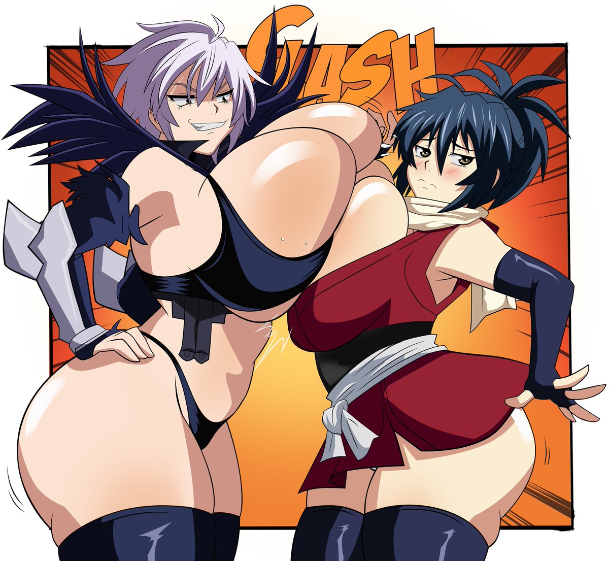 2girls asymmetrical_docking big_ass big_breasts blue_hair breasts breasts_squeeze female_focus female_only gigantic_breasts grimphantom hand_on_hip huge_ass huge_breasts large_breasts looking_down_at_another manyuu_chifusa manyuu_hikenchou manyuu_kagefusa medium_hair ninja ponytail skirt smug thong white_hair