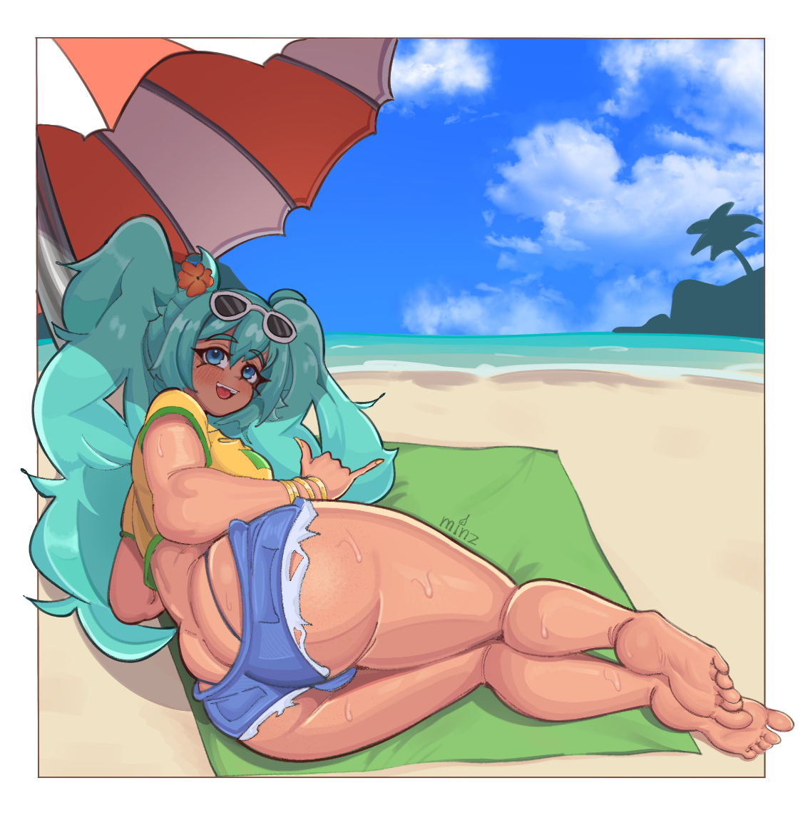 1girl, 1girls, aqua hair, ass, barefoot, beach, beach towel, big ass, big breasts, big thighs, blue eyes, blush, bracelet, brazil, brazilian, brazilian female, brazilian miku, breasts, cyan eyes, cyan hair, dark skin, dark-skinned female, day, denim, denim shorts, eyewear on head, feet, female, female only, flower, full body, hair flower, hair ornament, hatsune miku, highleg, huge ass, huge thighs, jewelry, latin american hatsune miku (meme), long hair, looking at viewer, lying, minzouart, on side, open mouth, outdoors, sand, shirt, short shorts, shorts, sky, smile, soles, solo, sunglasses, sweat, sweatdrop, sweating, tagme, tan, tan body, thick hips, thick thighs, thighs, thong, toes, twintails, umbrella, vocaloid, yellow shirt