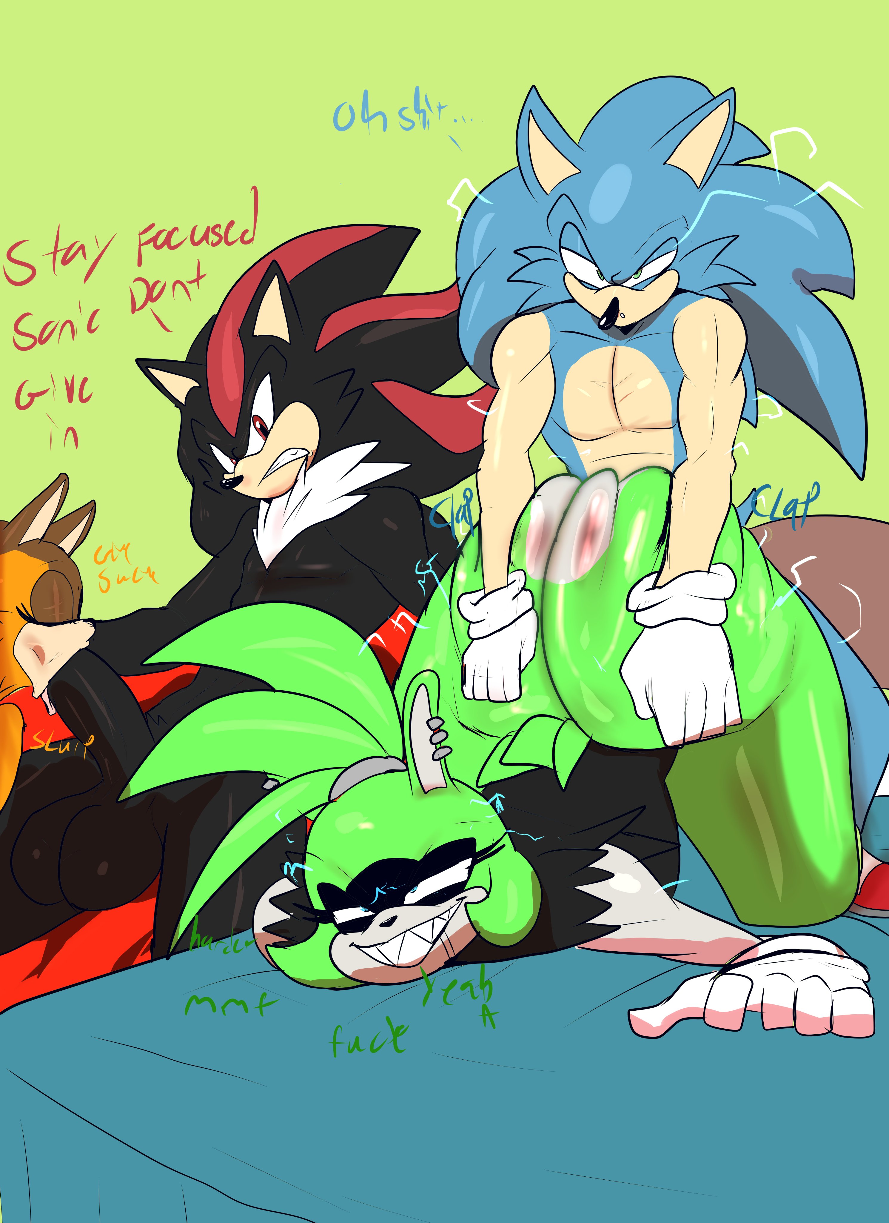 2boys, 2girls, anthro, anthro female, anthro on anthro, anthro only, anthro penetrating anthro, ass, ass bigger than head, ass grab, ass up, badger, balls, bed, bedroom, bent over, big ass, big butt, black balls, black body, black fur, black nose, black penis, black shirt, blowjob, blue body, blue eyes, blue fur, booty, bottomless, bubble butt, clenched teeth, closed eyes, clothed, clothing, cock, dialogue, doggy style, english text, eulipotyphlan, face down ass up, fellatio, female, ffmm foursome, foursome, from behind, fur, gloves, green body, green eyes, green fur, grin, group, group sex, handwear and footwear only, head down ass up, hedgehog, huge ass, huge butt, idw publishing, male, mammal, massive ass, motion blur, motion lines, naked, nude, oral, orange body, orange fur, penetration, penetration from behind, penis, red eyes, red markings, red shoes, sex, sex from behind, shadow the hedgehog, sharp teeth, shirt, shoes, smile, smiling, sonic (series), sonic boom, sonic the hedgehog, sonic the hedgehog (comics), sonic the hedgehog (idw), sonic the hedgehog (series), sticks the badger, sucking, sucking penis, surge the tenrec, susknuckles, tenrec, text, tongue, white gloves