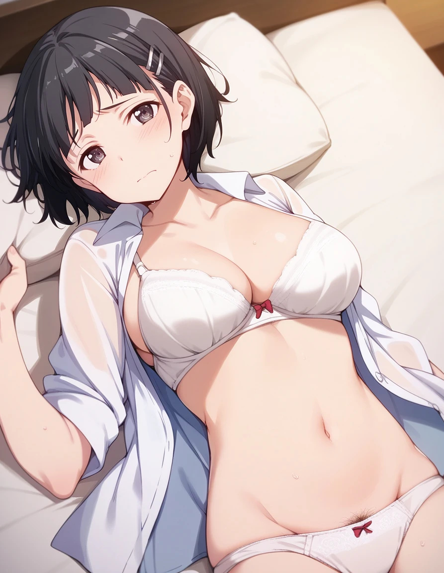 ai_generated asian asian_female black_eyes black_hair bra huge_breasts kirigaya_suguha kiwifruit0501 large_breasts light-skinned_female light_skin looking_at_viewer panties pubes_exposed short_hair solo_female squatting sweat sweatdrop sword_art_online voluptuous voluptuous_female