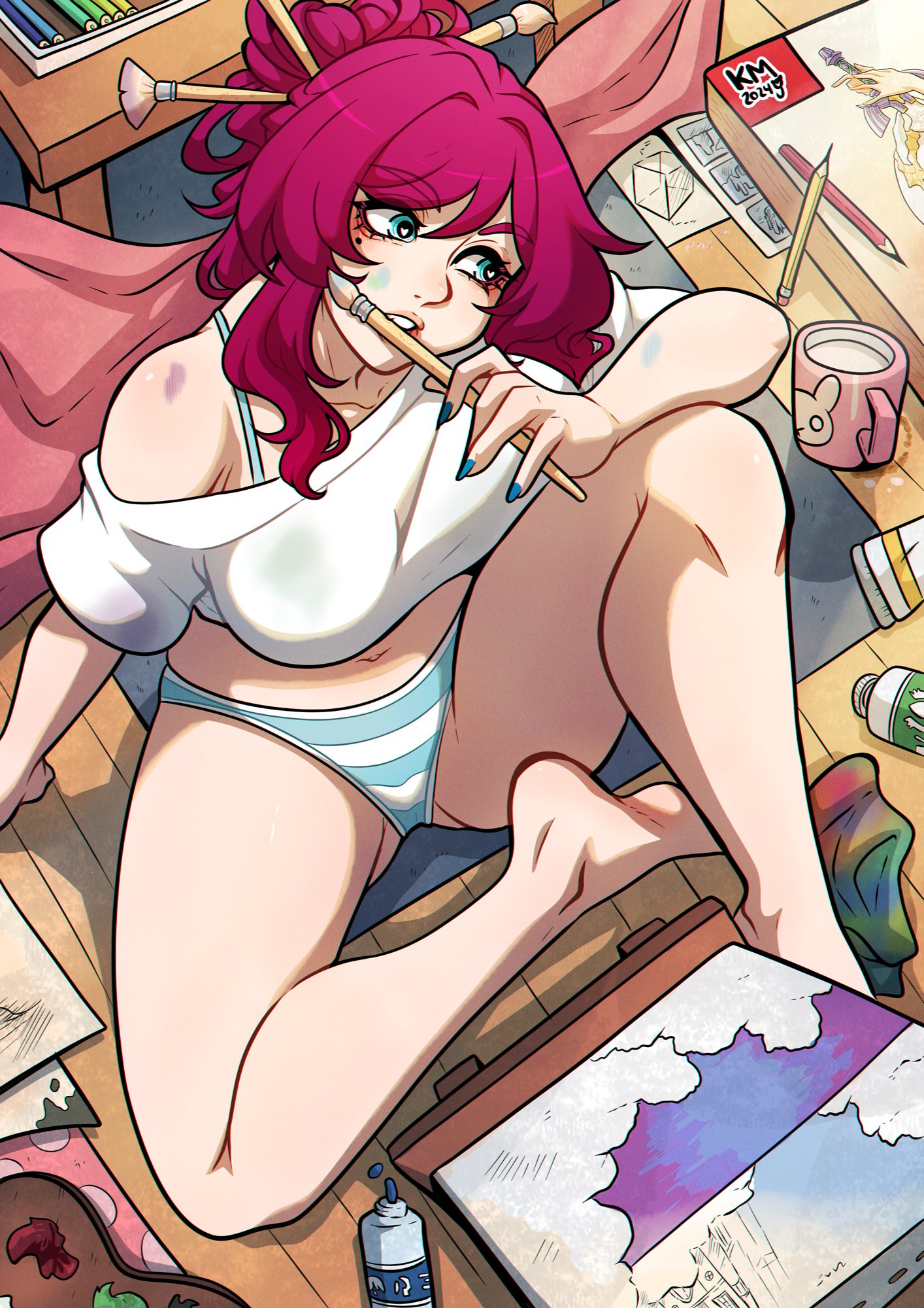 1girls, barefoot, blue panties, female, female only, kinkymation, magical miss lucy, miss. lucy (kinkymation), original, original character, paintbrush, panties, red hair, skimpy clothes, solo, striped panties, tank top, underwear, white panties