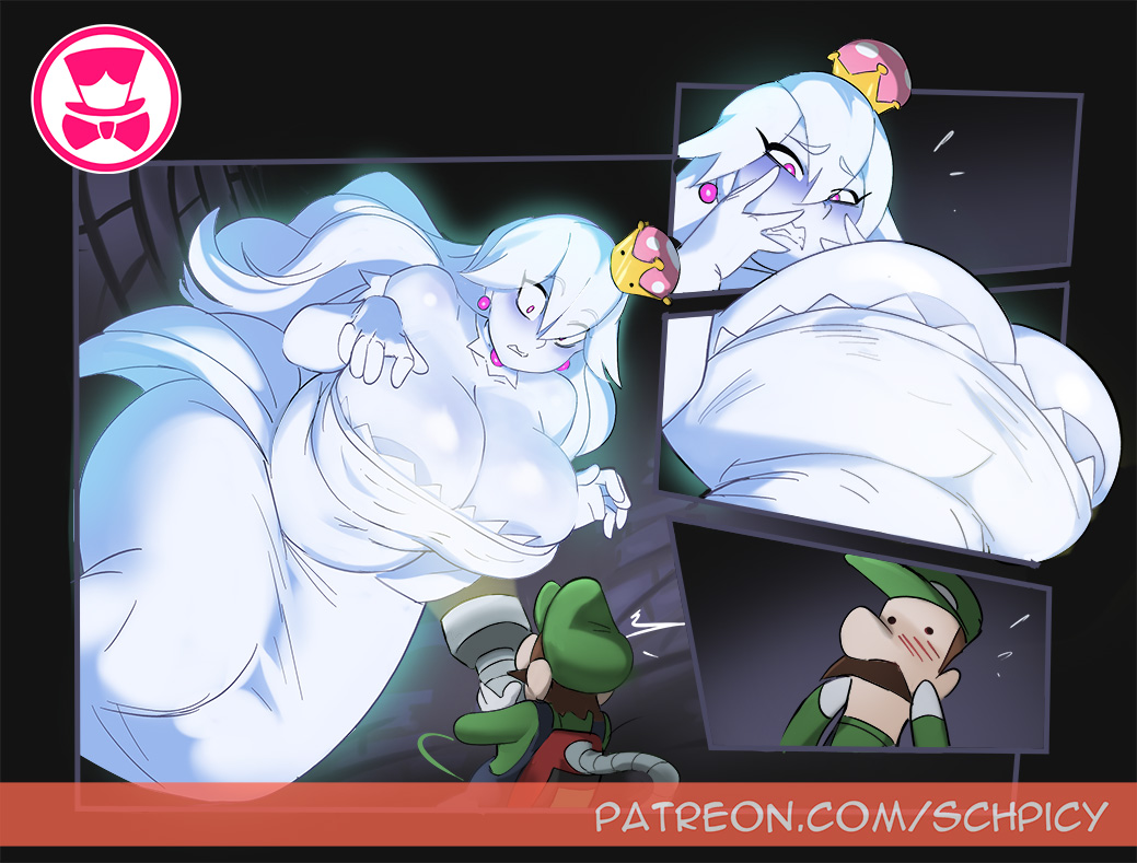 1boy 1girls 2024 2d 2d_(artwork) areola_slip big_breasts boo_(mario) boosette breasts_out chubby chubby_belly chubby_female clothed clothed_female clothing crown ear_piercing earrings female female_focus ghost hair huge_breasts jnwo luigi luigi's_mansion male mario_(series) nintendo schpicy voluptuous voluptuous_female white_body white_hair