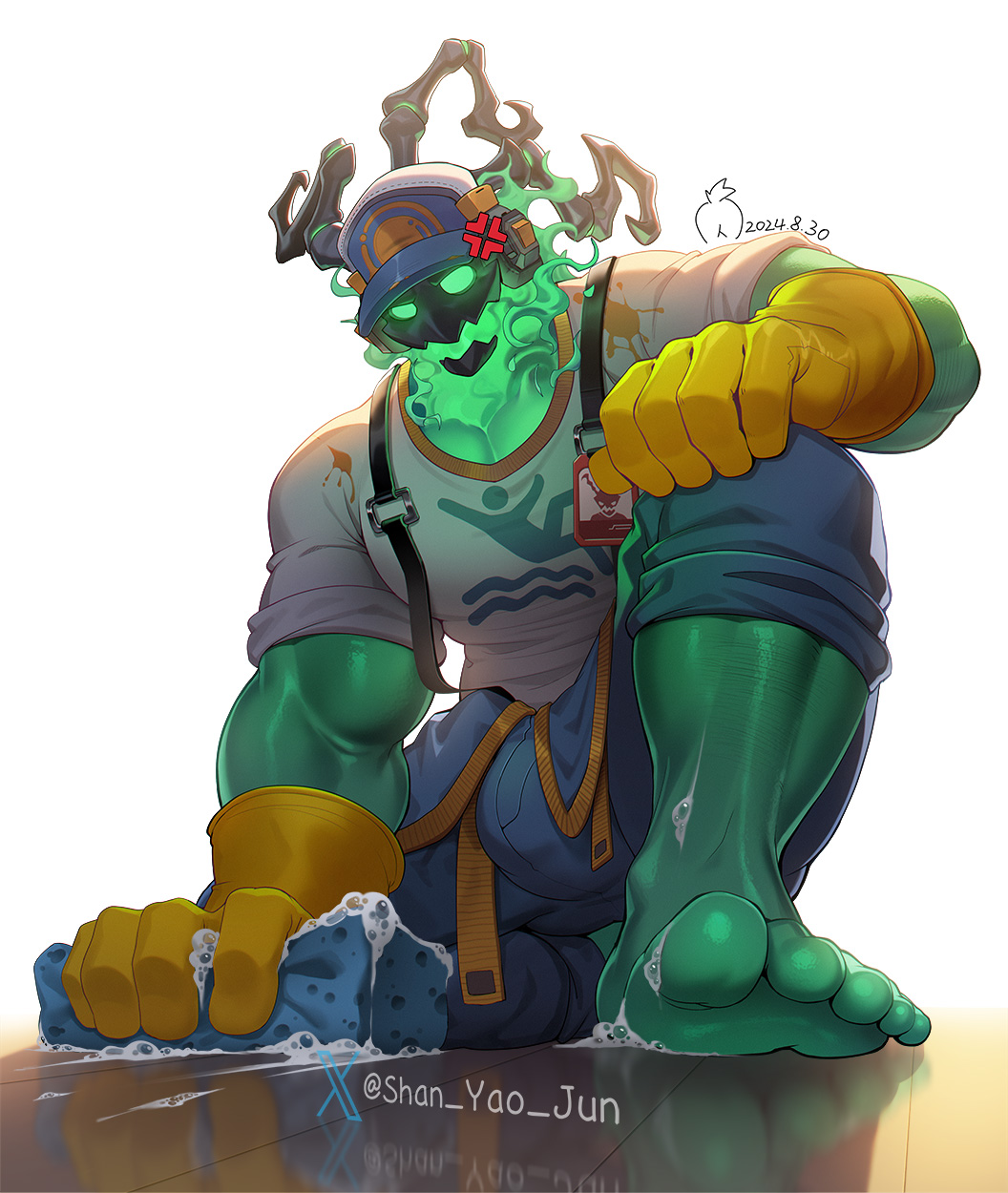 bara biceps big_bulge bulge clothing ghost green_body green_skin janitor_thresh league_of_legends male male_only manly muscular_male pecs riot_games shan_yao_jun skull the_grind_series thresh tight_clothing