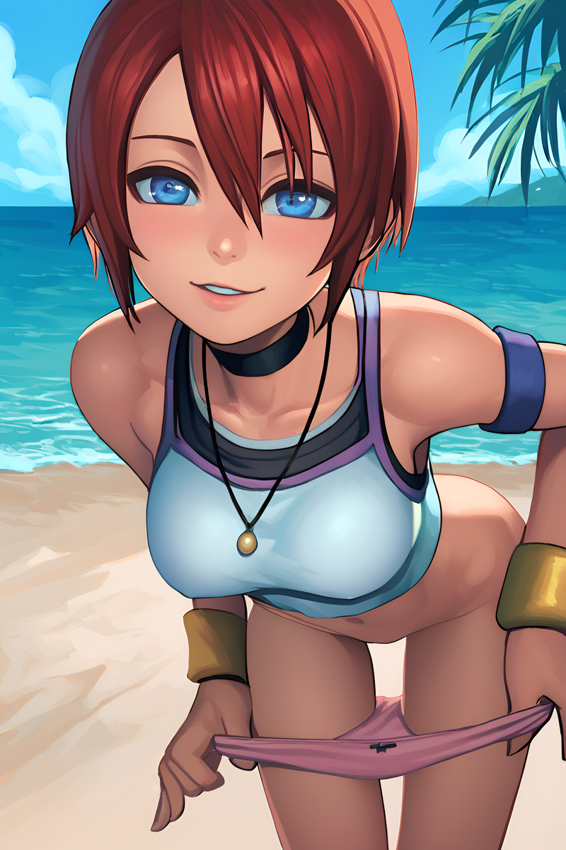 ai_generated beach blue_eyes kairi kingdom_hearts removing_panties