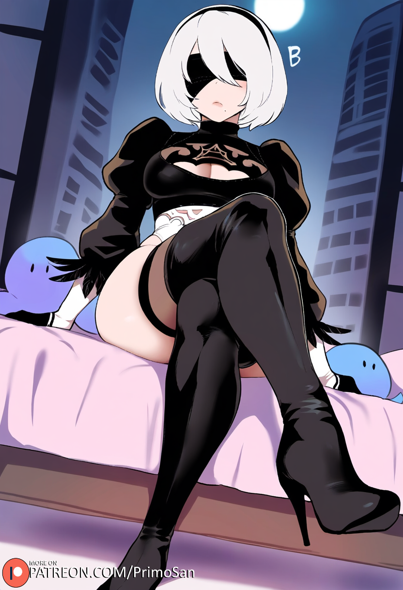 ai generated, ass, bodysuit, boots, covered eyes, crossed arms, crossed legs, expressionless, female, from below, full body, gloves, heels, hips, large ass, nier: automata, primosan, puffy sleeves, pussy, pussy juice, short hair, sitting, standing, white hair, yorha 2b