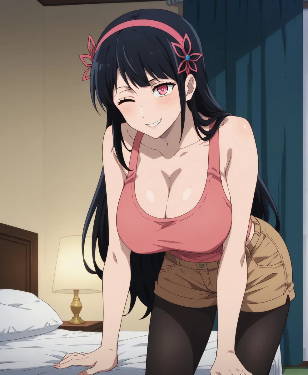 1girls ai_generated asian asian_female bare_legs black_hair female female_only gigantic_breasts hairband huge_breasts huge_thighs jean_shorts light-skinned_female light_skin long_hair looking_at_viewer massive_breasts one_eye_closed pink_eyes smiling solo stockings subaruarm tank_top thick_thighs thighs tower_of_god voluptuous voluptuous_female yeon_yihwa