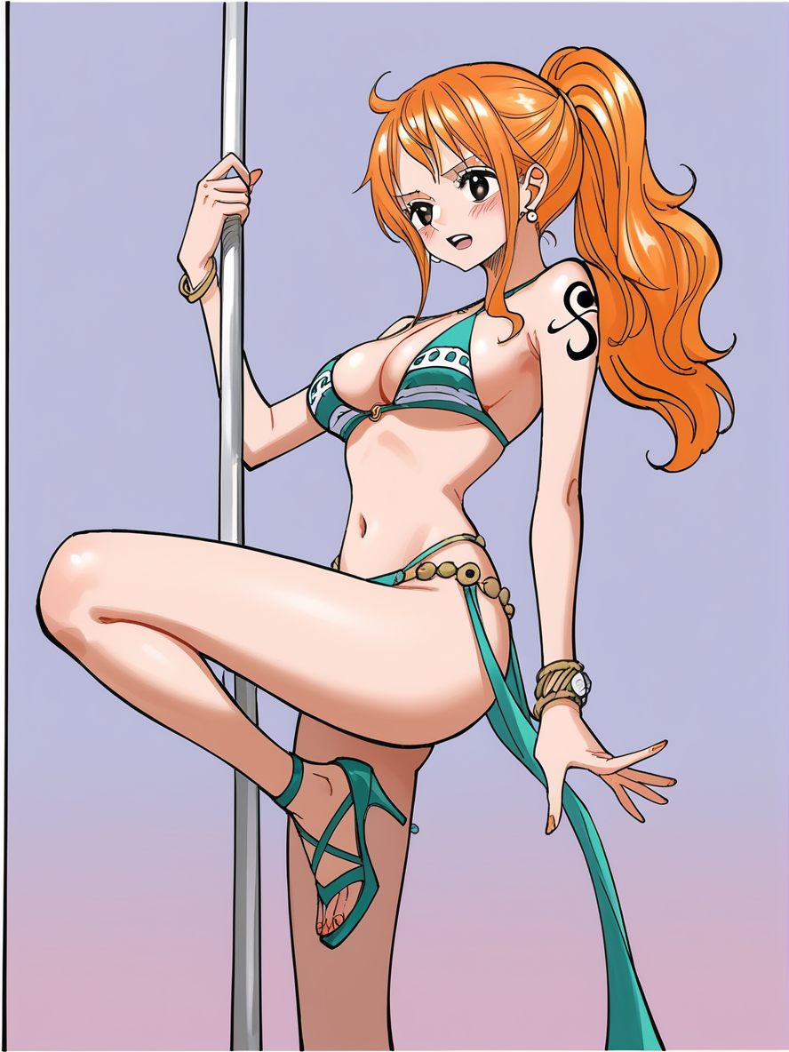 1girl ai_generated artist_request bangle bikini blush bracelet breasts earrings female female_only high_heels jewelry legs long_hair nami nami_(one_piece) navel one_piece open_mouth orange_hair pelvic_curtain pole pole_dancing ponytail sandals solo swimsuit tattoo thong