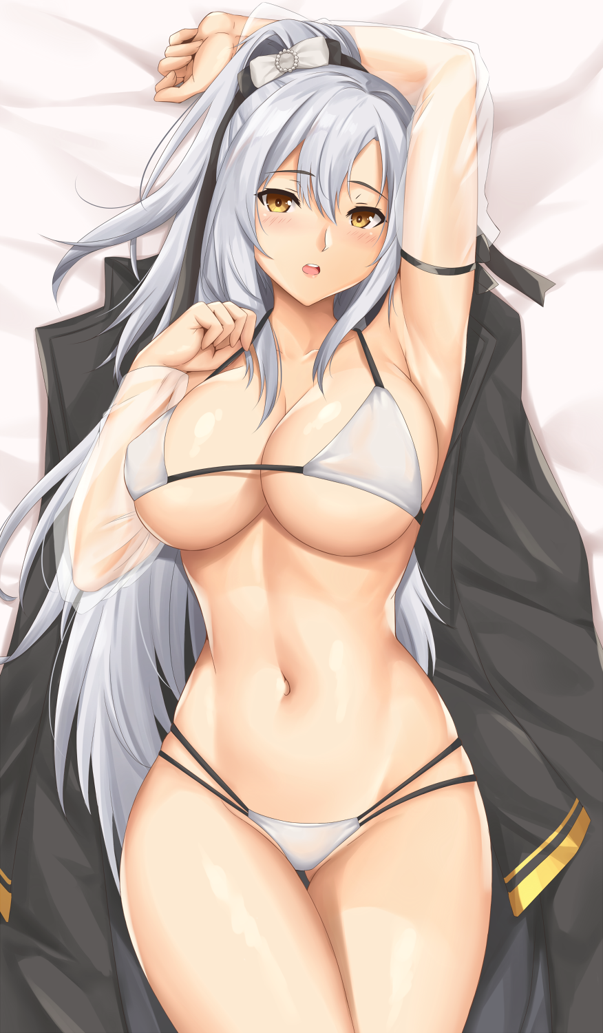 1girls arciealbano areola_bulge arm_above_head arm_up armband armpits azur_lane bare_armpits bare_arms bare_belly bare_hands bare_hips bare_legs bare_midriff bare_navel bare_shoulders bare_skin bare_thighs belly belly_button bikini bikini_bottom bikini_only bikini_top black_armband black_hair black_hair_female black_jacket black_topwear blush blush blush_lines blushing_at_viewer blushing_female breasts cleavage collarbone dot_nose drake_(azur_lane) drake_(the_golden_hind's_respite)_(azur_lane) elbows embarrassed embarrassed_female embarrassed_nude_female exposed exposed_armpits exposed_arms exposed_belly exposed_legs exposed_midriff exposed_shoulders exposed_thighs eyebrows_visible_through_hair female female_focus female_only fingers groin hair_between_eyes hair_ribbon half_naked half_nude hand_above_head hand_up high_resolution highres hourglass_figure jacket jacket_removed large_breasts laying_down laying_on_back laying_on_bed lean_body lean_figure legs legs_together light-skined_female light-skinned light-skinned_female light_skin light_skin_female light_skinned light_skinned_female long_hair looking_at_viewer multicolored_hair naked naked_female naked_woman navel nipple_bulge nude nude_female nudity on_back open_mouth parted_lips ponytail ribbon shoulders simple_background slender_body slender_waist slim_girl slim_waist solo string_bikini swimsuit swimwear thick_thighs thigh_gap thighs thin_waist tongue topwear topwear_removed underboob upper_body upper_teeth v-line white_background white_bikini white_bikini_bottom white_bikini_only white_bikini_top white_hair white_hair_female white_hair_ribbon white_ribbon white_string_bikini white_swimsuit white_swimwear wide_hips yellow_eyes yellow_eyes_female