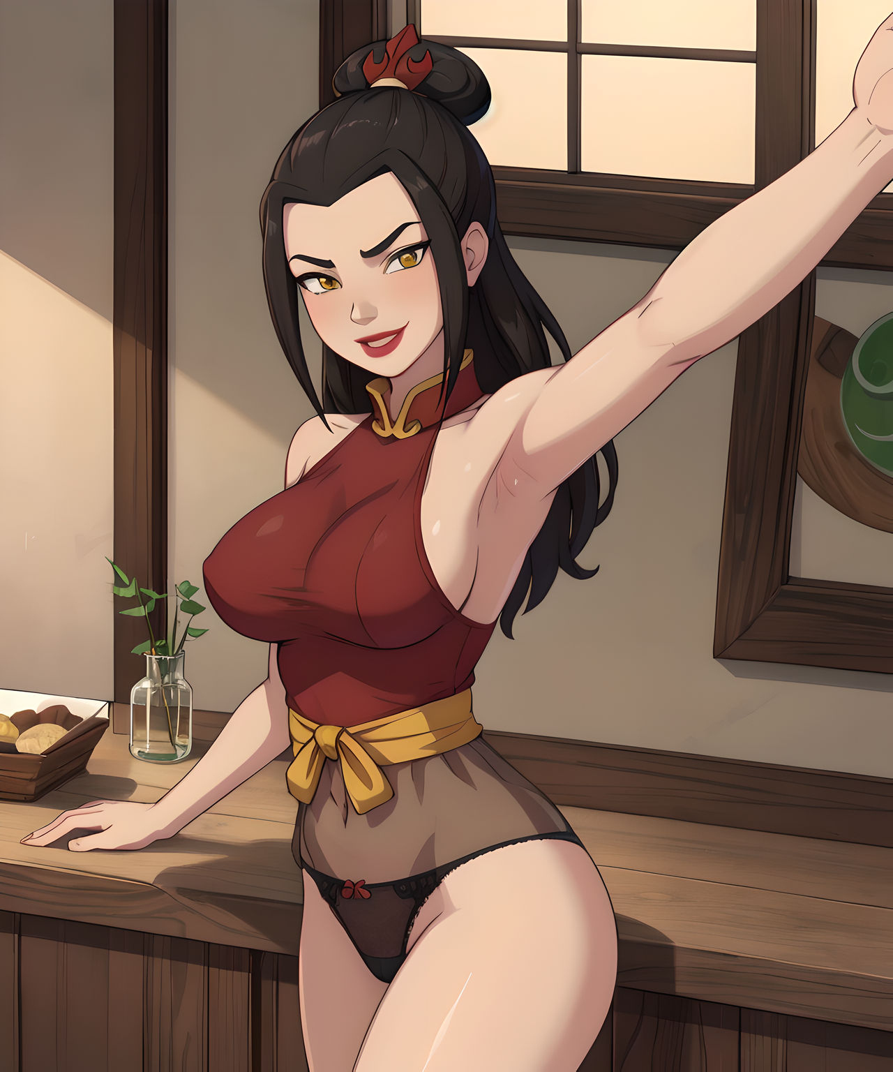 1girls, ai generated, alternate costume, avatar legends, avatar the last airbender, azula, crown braid, female, fire nation, princess, topknot, yellow eyes