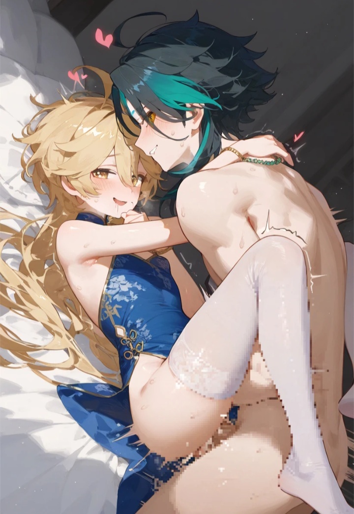 2boys aether_(genshin_impact) ai_generated blonde_hair clothed_sex crossdressing crossdressing_male earring feminization genital_fluids genshin_impact long_hair_male qipao stockings teal_hair thighs twink xiao_(genshin_impact) yaoi