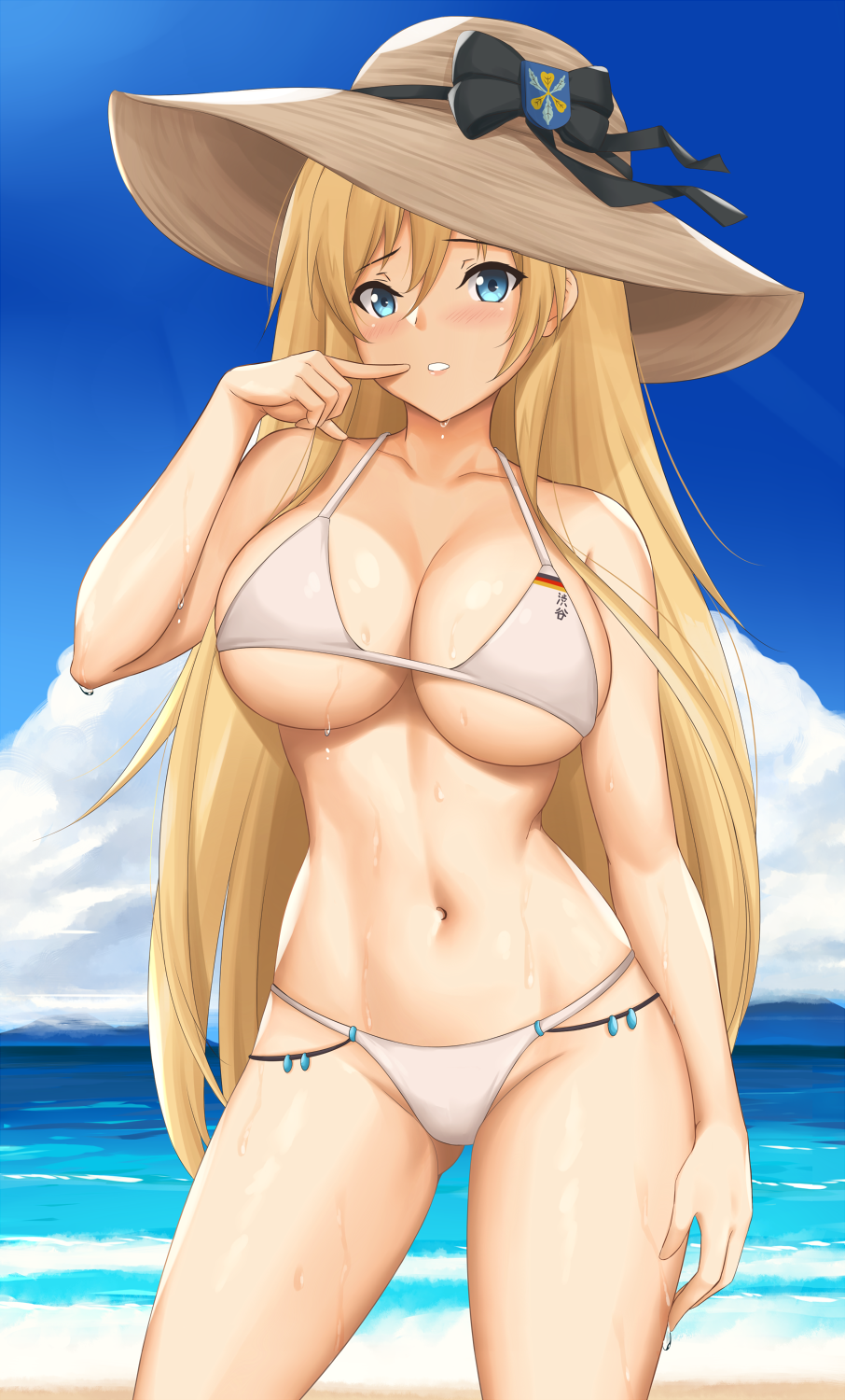 1girls adult adult_female arciealbano ass azur_lane bare_arms bare_belly bare_hands bare_hips bare_legs bare_midriff bare_navel bare_shoulders bare_skin bare_thighs beach beach_hat belly belly_button bikini bikini_bottom bikini_only bikini_top bismarck_(azur_lane) black_ribbon blonde_eyebrows blonde_female blonde_hair blonde_hair blonde_hair_female blue_background blue_eyes blue_eyes_female blue_sky blush blush blush_lines blushing_at_viewer blushing_female breasts busty busty_female cleavage clouds coast collarbone dot_nose dripping_wet embarrassed embarrassed_female embarrassed_nude_female exposed exposed_arms exposed_belly exposed_legs exposed_midriff exposed_shoulders exposed_thighs female female_focus female_only finger_on_face finger_on_lip fingers groin hair_between_eyes hand_on_face hand_on_head hand_on_leg hand_on_own_face hand_on_own_head hand_on_own_leg hand_on_own_thigh hand_on_thigh hat hat_ribbon high_resolution highres horizon hourglass_figure large_breasts lean_body lean_figure legs light-skined_female light-skinned light-skinned_female light_skin light_skin_female light_skinned light_skinned_female long_hair looking_at_viewer mature mature_female navel ocean outdoor outdoors outside ribbon sand sea seaside shiny_belly shiny_breasts shiny_legs shiny_shoulders shiny_skin shiny_thighs shoulders sky slender_body slender_waist slim_girl slim_waist soaked solo standing string_bikini swimsuit swimwear thick_thighs thigh_gap thighs thin_waist upper_body v-line wet wet_belly wet_bikini wet_body wet_breasts wet_face wet_legs wet_skin wet_thighs white-skinned_female white_bikini white_bikini_bottom white_bikini_only white_bikini_top white_skin white_string_bikini white_swimsuit white_swimwear wide_hips