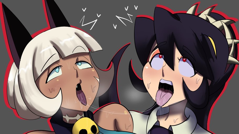 2girls after_kiss ahe_gao aqua_eyes black_hair cat_ears catgirl feline feline_humanoid filia_(skullgirls) imstupid13 kissing nadia_fortune red_eyes saliva saliva_string skullgirls tagme tongue tongue_out white_hair