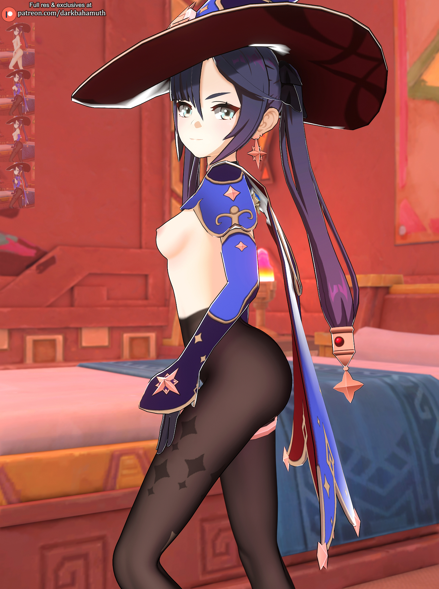 3d, breasts, darkbahamuth, female, female only, genshin impact, medium breasts, mihoyo, mona (genshin impact), petite, pinup, small breasts, teenager, topless, young, younger female