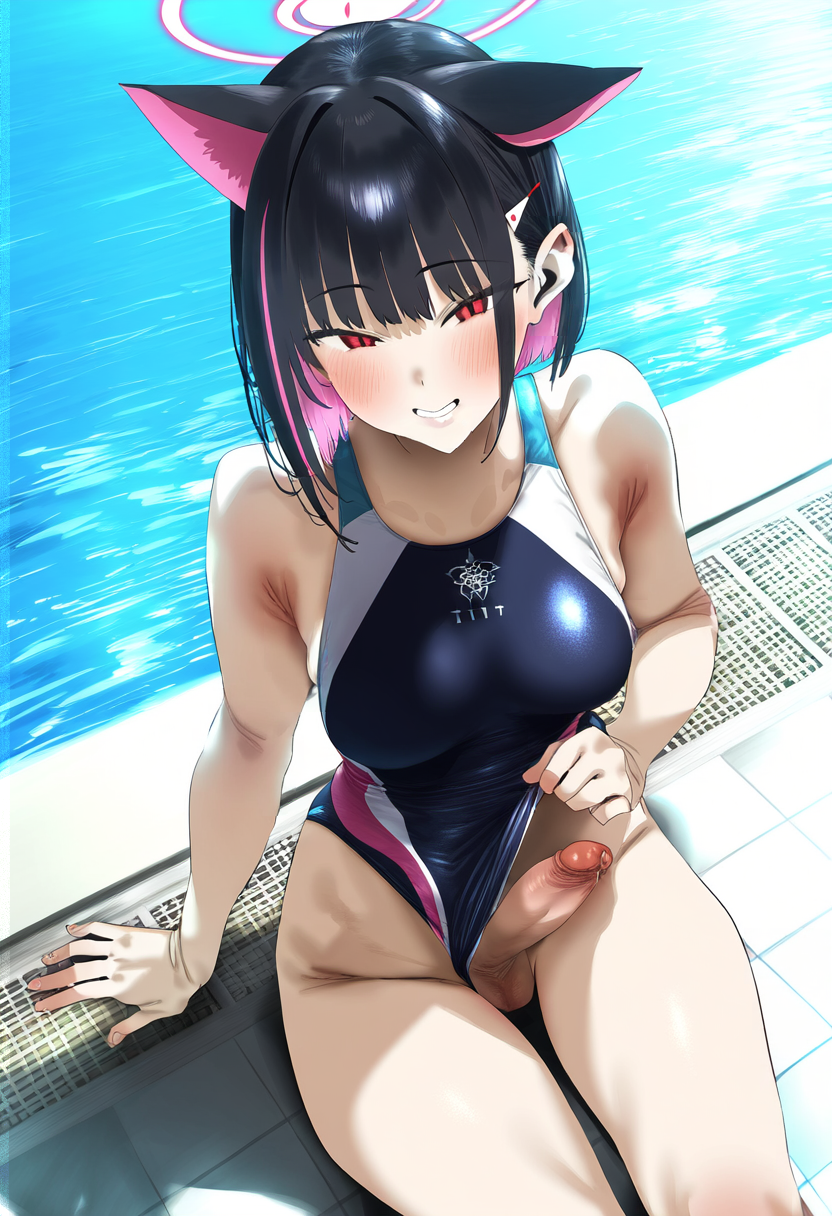 ai_generated animal_ears black_hair blue_archive colored_inner_hair competition_swimsuit erection futa_only futanari gerumusi halo kazusa_(blue_archive) medium_breasts pink_hair poolside precum red_eyes seductive_smile sitting slit_pupils swimsuit swimsuit_aside swimsuit_lift testicles