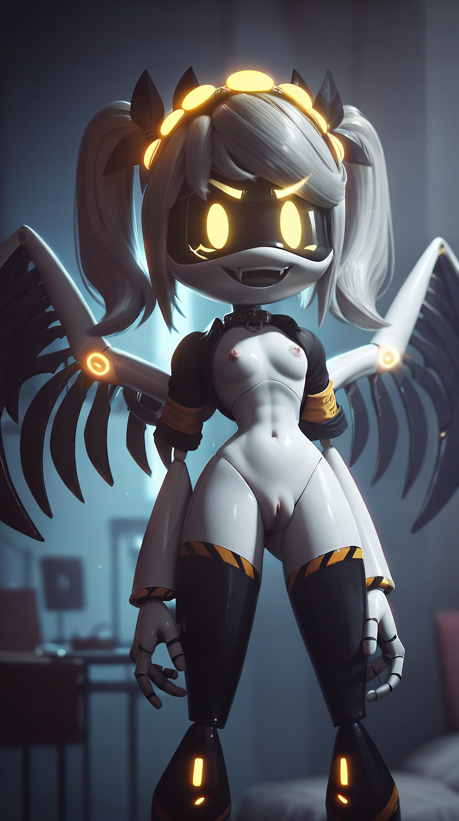 ai_generated autismmix_pony(model) bed blurry_background collar disassembly_drone fangs glowing_eyes grey_hair indoors looking_at_viewer marusame mechanical_wings murder_drones navel nipples nudity open_mouth pussy robot robot_joints small_breasts smile stable_diffusion twintails