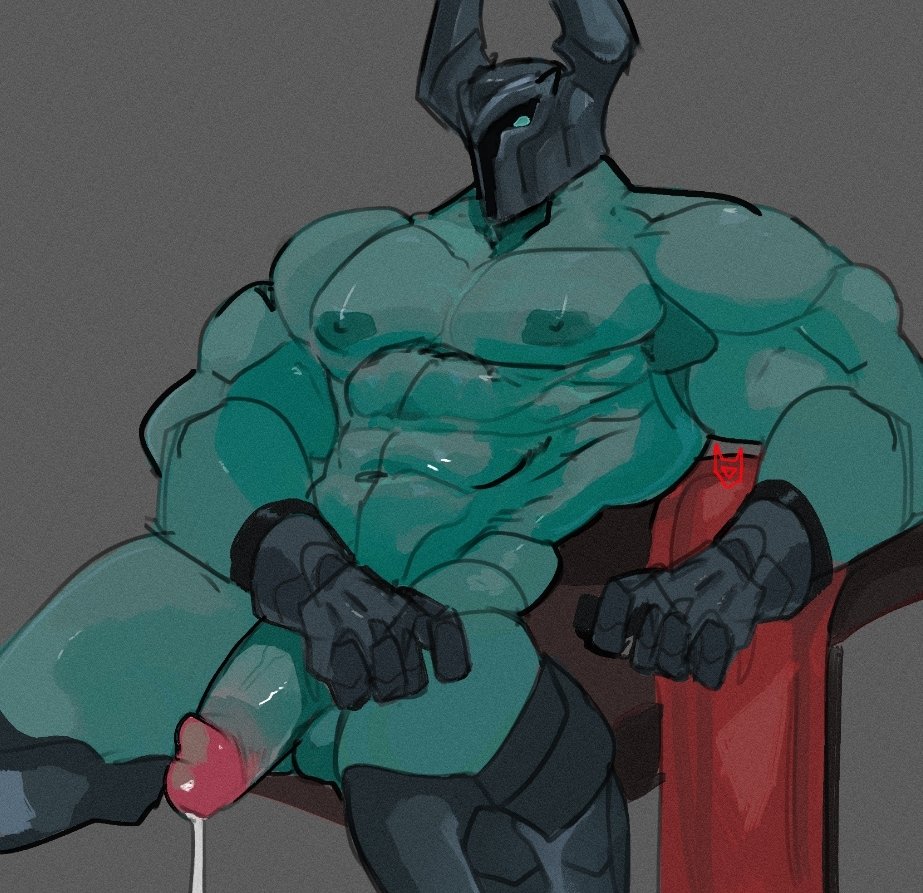 abs anthro armor balls biceps big_penis bodily_fluids cum erection genital_fluids genitals headgear helmet human humanoid humanoid_genitalia humanoid_penis league_of_legends male mammal matsuraoni mordekaiser muscular muscular_anthro muscular_male nipples nude pecs penis riot_games sitting solo tencent