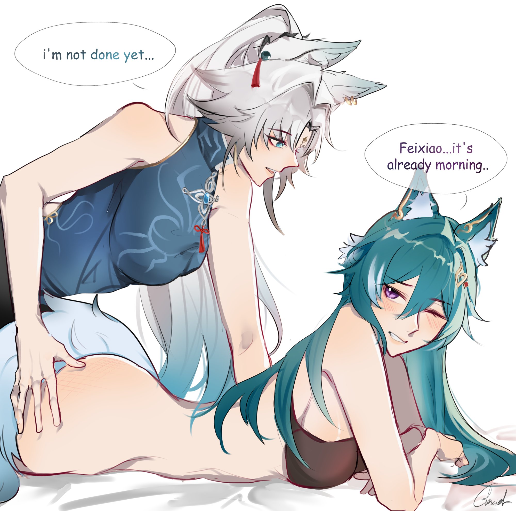 2girls, animal ears, bare arms, black bra, blue hair, blue shirt, blush, bottomless, bra, breasts, commentary, english commentary, english text, feixiao (honkai: star rail), female, fox ears, fox girl, fox tail, glaciel0602, grabbing another's ass, groping, hair ornament, highres, honkai (series), honkai: star rail, large breasts, long hair, looking at another, multiple females, multiple girls, one eye closed, parted lips, purple eyes, shirt, signature, simple background, sleeveless, sleeveless shirt, smile, speech bubble, tail, underwear, white background, white hair, yukong (honkai: star rail), yuri