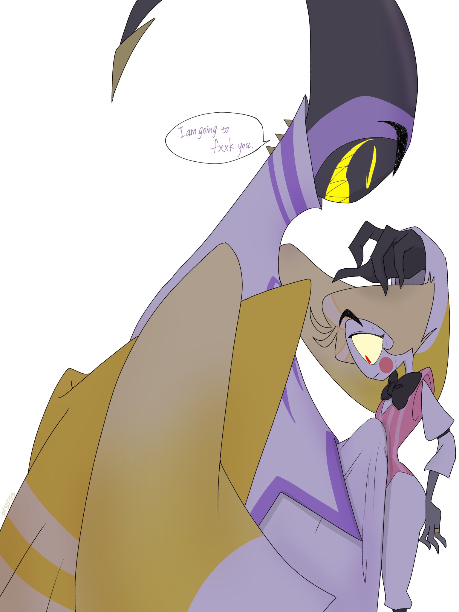adam (hazbin hotel), blonde hair, boner, boner under clothes, bow, bowtie, clothed, clothing, english, english dialogue, english language, english text, fully clothed, gay, hazbin hotel, lucifer morningstar (hazbin hotel), male, male only