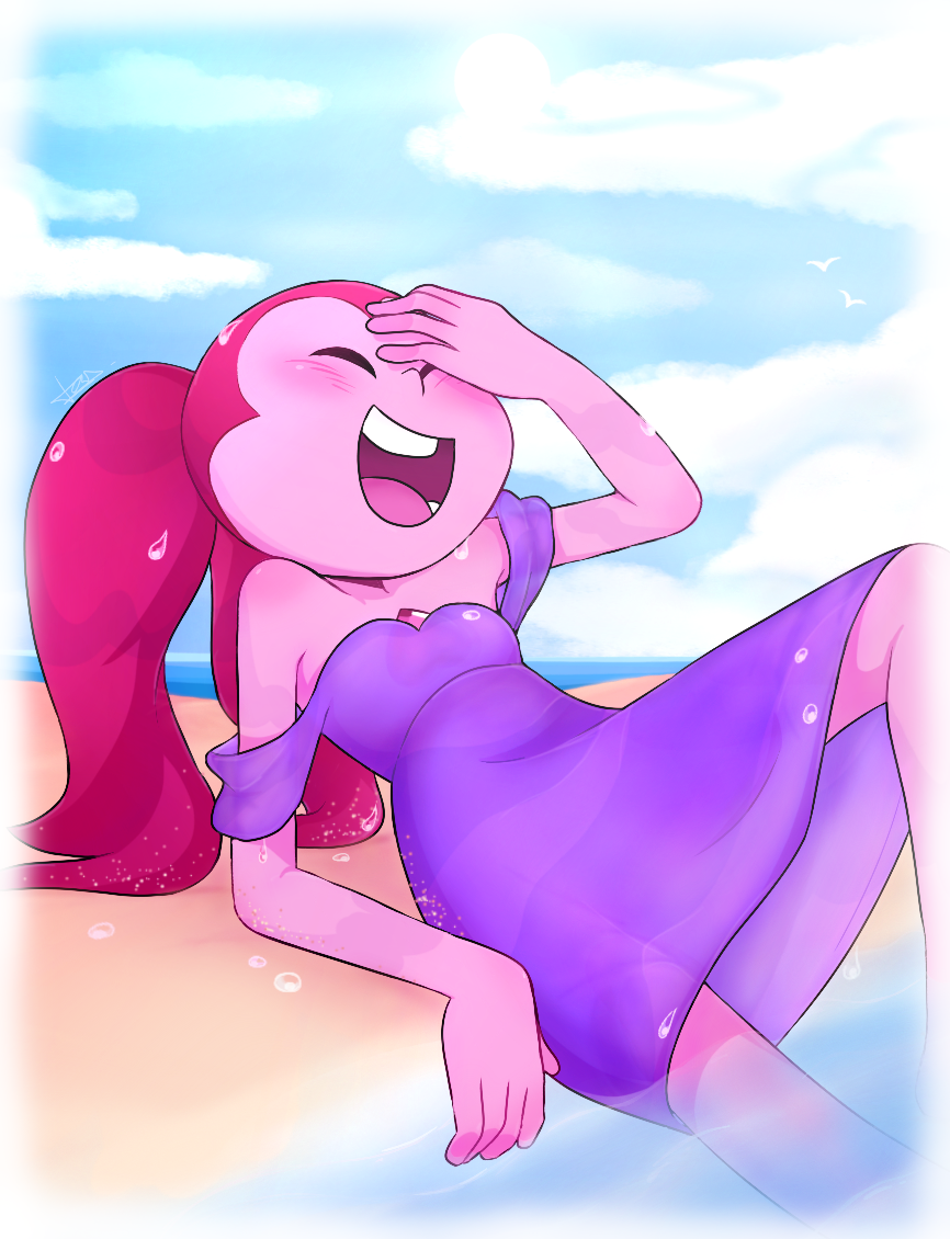 background beach beach_background blush closed_eyes color digital_drawing_(artwork) digital_media_(artwork) gem_(species) gem_on_chest hand_over_head happy happy_female laugh laughing laying_down legs_apart legs_open legs_spread magenta_hair not_ai_generated ocean open_legs open_smile pink_hair purple_dress red_hair safe safe_for_work sand see-through see-through_clothing see-through_dress shaded shore smile smiling spinel_(steven_universe) spread_legs steven_universe summer summer_dress twintails water water_drop wet wet_body wet_clothes wet_hair wet_skin