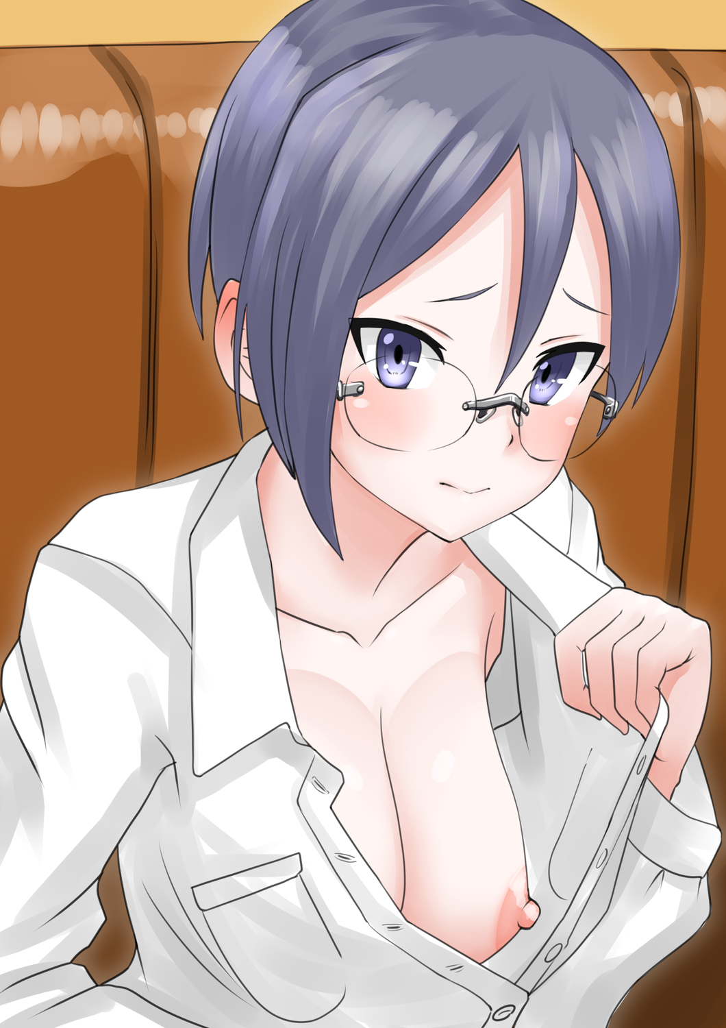 1girls 30-06 areolae blue_eyes blue_hair blush breasts cleavage collarbone exposed_breasts female female_only flashing girls_und_panzer glasses hair_between_eyes large_breasts looking_at_viewer medium_breasts nervous nipples no_bra open_clothes open_shirt purple_eyes purple_hair rumi_(girls_und_panzer) short_hair solo white_skin