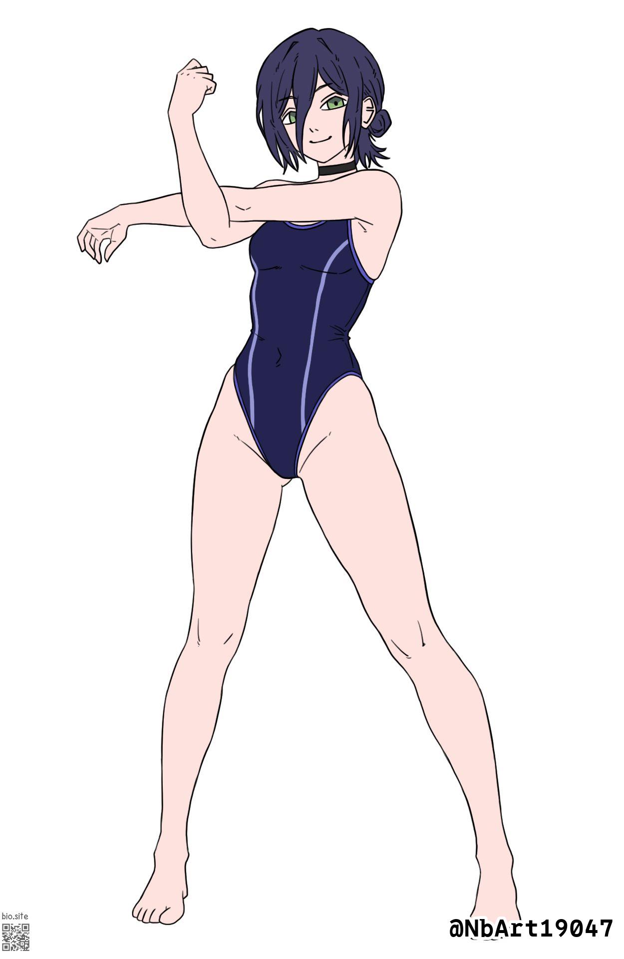 1girls, 2d, 2d (artwork), 2d artwork, ankles, armpits, ass visible through thighs, bare armpits, bare arms, bare calves, bare hands, bare hips, bare knees, bare legs, bare shoulders, bare skin, bare soles, bare thighs, bare toes, barefoot, belly button, bikini, black bikini, black choker, black hair, black one-piece swimsuit, black swimsuit, black swimwear, black-haired female, breasts, calves, chainsaw man, choker, closed mouth smile, collarbone, curvaceous, curvaceous body, curvaceous female, curvaceous figure, curvaceous hips, curvaceous teenager, curvy, curvy body, curvy female, curvy figure, curvy hips, curvy teen, digital, digital art, digital drawing, digital drawing (artwork), digital media, digital media (artwork), drawing, elbows, exposed armpits, exposed arms, exposed hips, exposed legs, exposed shoulders, exposed skin, exposed thighs, exposed toes, feet, female, female focus, female only, fingernails, fingers, full body, green eyes, green-eyed female, groin, hair between eyes, hair bun, head tilt, high resolution, highres, hip dips, inguinal crease, inguinal ligament, knees, lean figure, legs, long hair, looking at viewer, narrow waist, navel, nbart19047, one-piece swimsuit, petite, petite body, petite breasts, petite female, petite girl, petite tits, posing, posing for the viewer, reze (chainsaw man), russian, russian girl, school swimsuit, shoulders, simple background, slender body, slender waist, slim female, slim waist, small boobs, small breasts, small tits, smile, smiley face, smiling, smiling at viewer, solo, standing, stretching arms, sukumizu, swimsuit, swimwear, thighs, tilted head, tiny breasts, toes, white background, wide hips