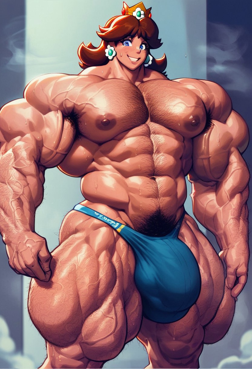 abs ai_generated ambush_(trap) armpit_hair bulge chest_hair extreme_muscles genderswap_(ftm) hairy_armpits hairy_arms hairy_chest hyper_muscles male male_only mario_(series) muscular muscular_male princess_daisy rule_63 sewoh solo