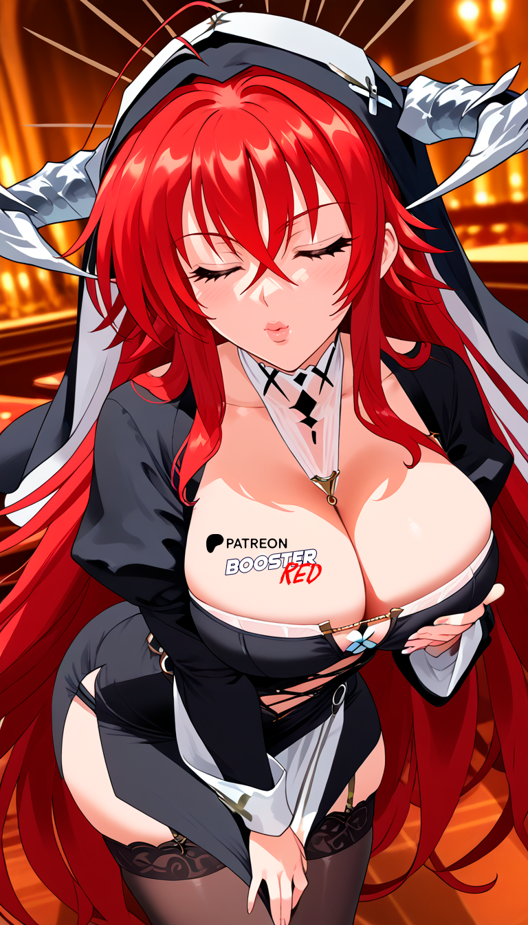 ai_generated blue_eyes boosterred99 close-up closed_eyes garter_straps high_school_dxd kissing large_breasts legs long_hair long_sleeves navel nun nun_habit nun_hat nun_outfit perfect_body pony_diffusion_xl red_hair rias_gremory seductive_smile stockings thick_thighs thighhighs voluptuous